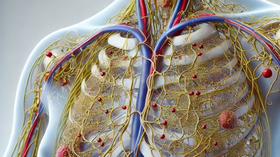 Illustration of the human lymphatic system with lymph nodes, vessels, and ribs visible.
